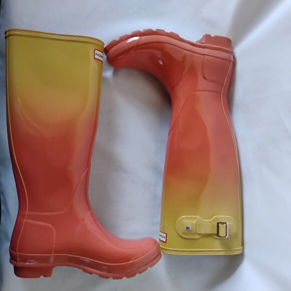Hunter Boots Rain Tall Glossy Wellies Like New Rare Sunset Ombre Coral Yellow 7 - Picture 3 of 16